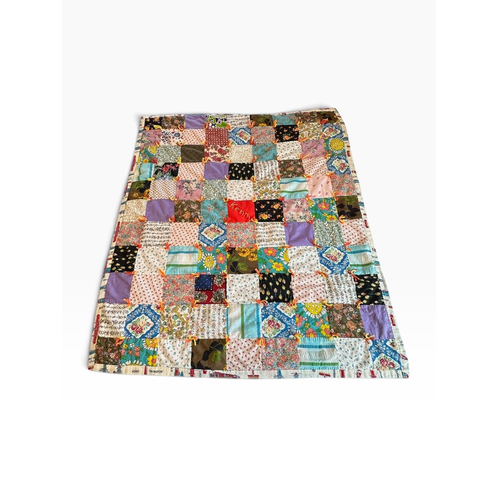 Vintage Handmade Patchwork Tie Quilt Kids 48x40 Multicolor Airplane EUC